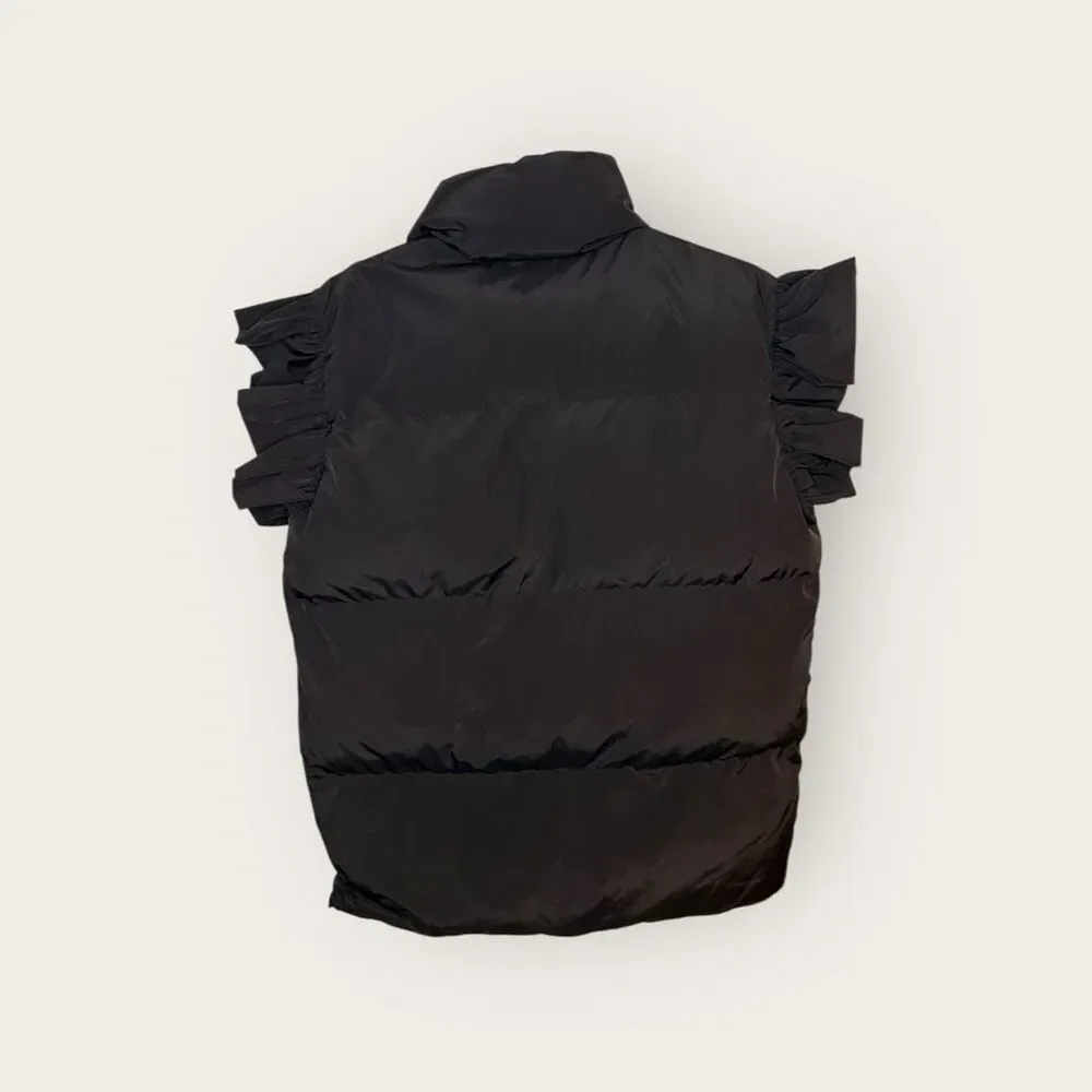 Bucket List Black Ruffle Sleeve Puffer Vest Size Medium NWT